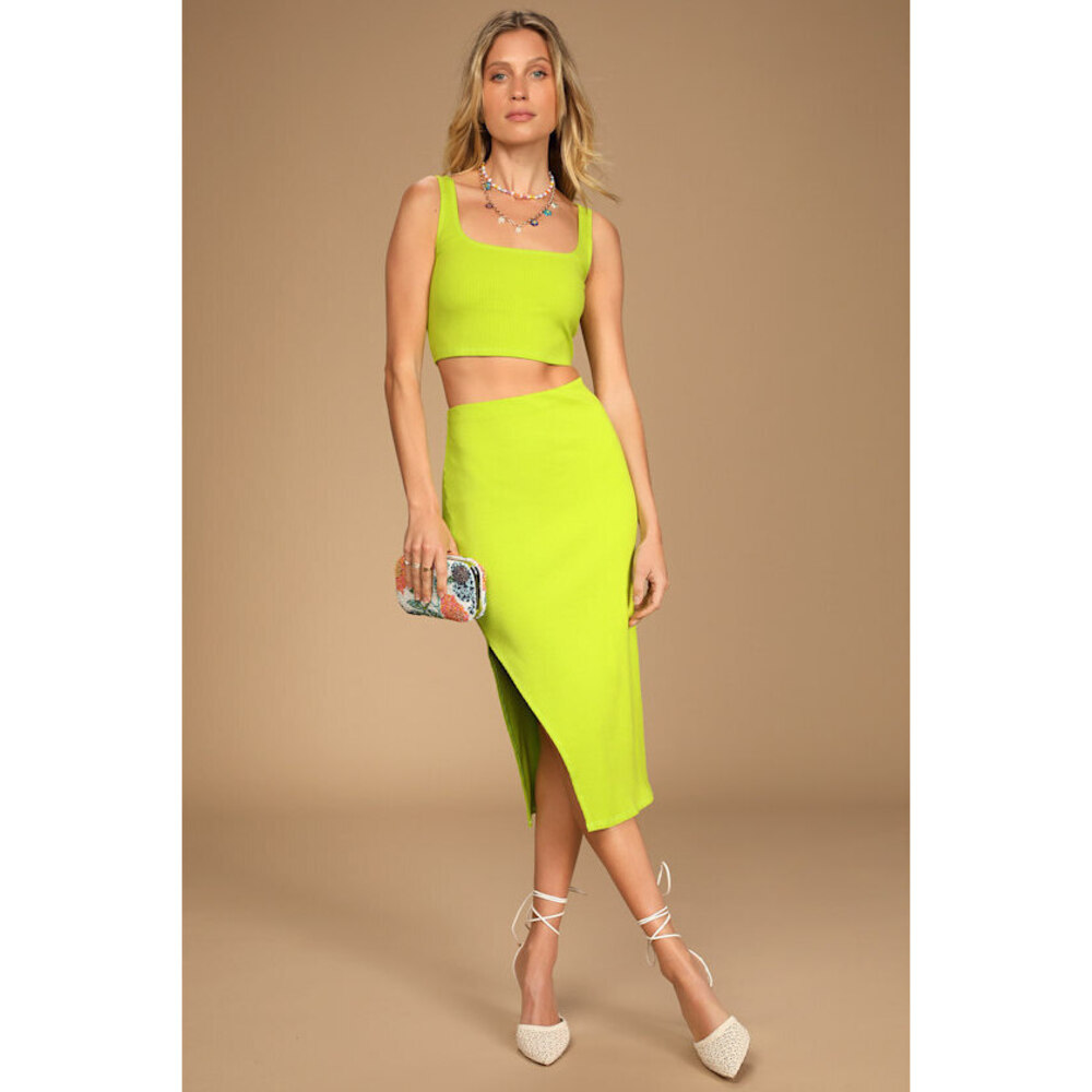 Lulus Set For Life Lime Green Ribbed Bodycon Two-piece Dress - Size S